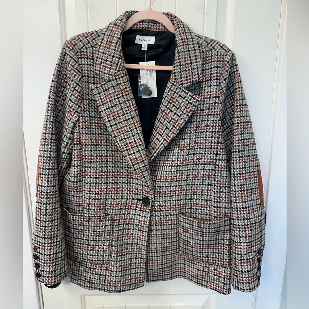 NWT Evereve Bowden Brown Houndstooth Wool Blend Blazer - Size L